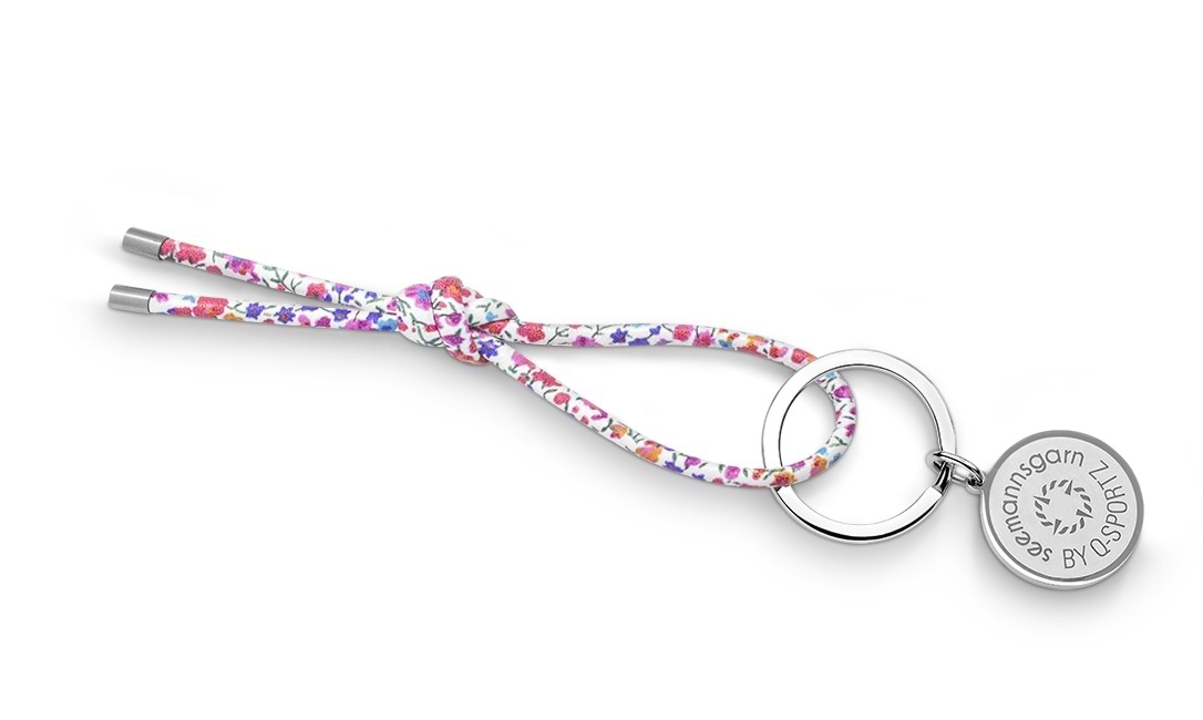 Bild von Seemannsgarn Schlüsselkette Ø 4mm Leder gesäumt Edelstahl matt Farbmix Blumenmuster